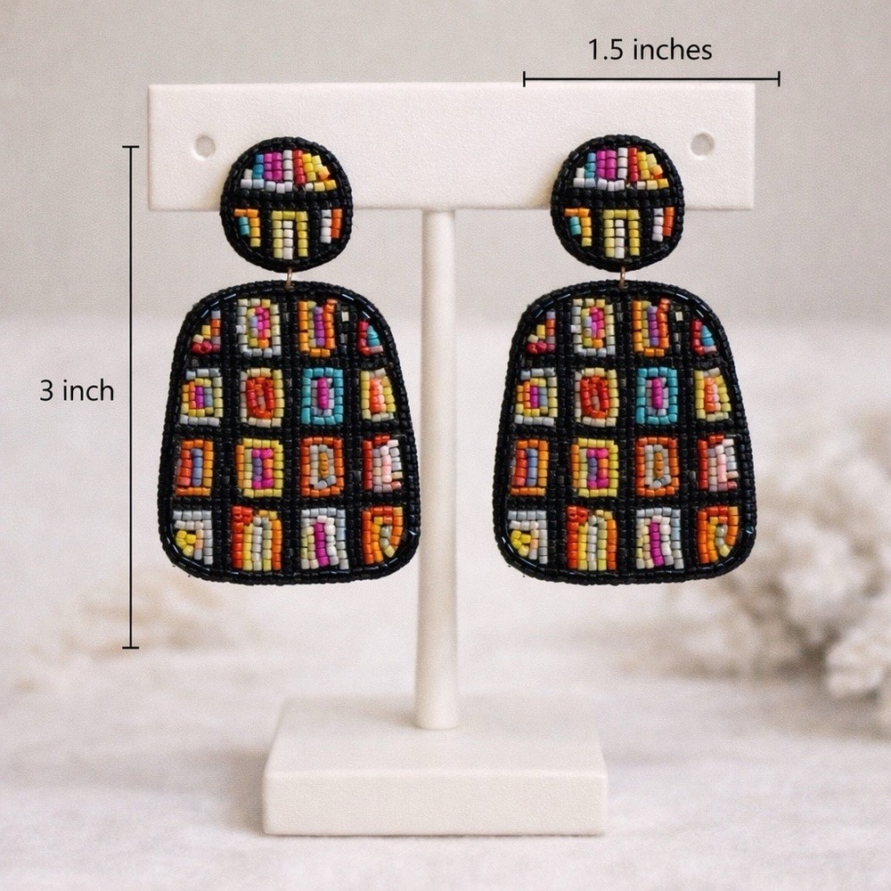 Boho Granny Square Earrings Colorful Festival Handmade Statement Dangle - Picture 2 of 4